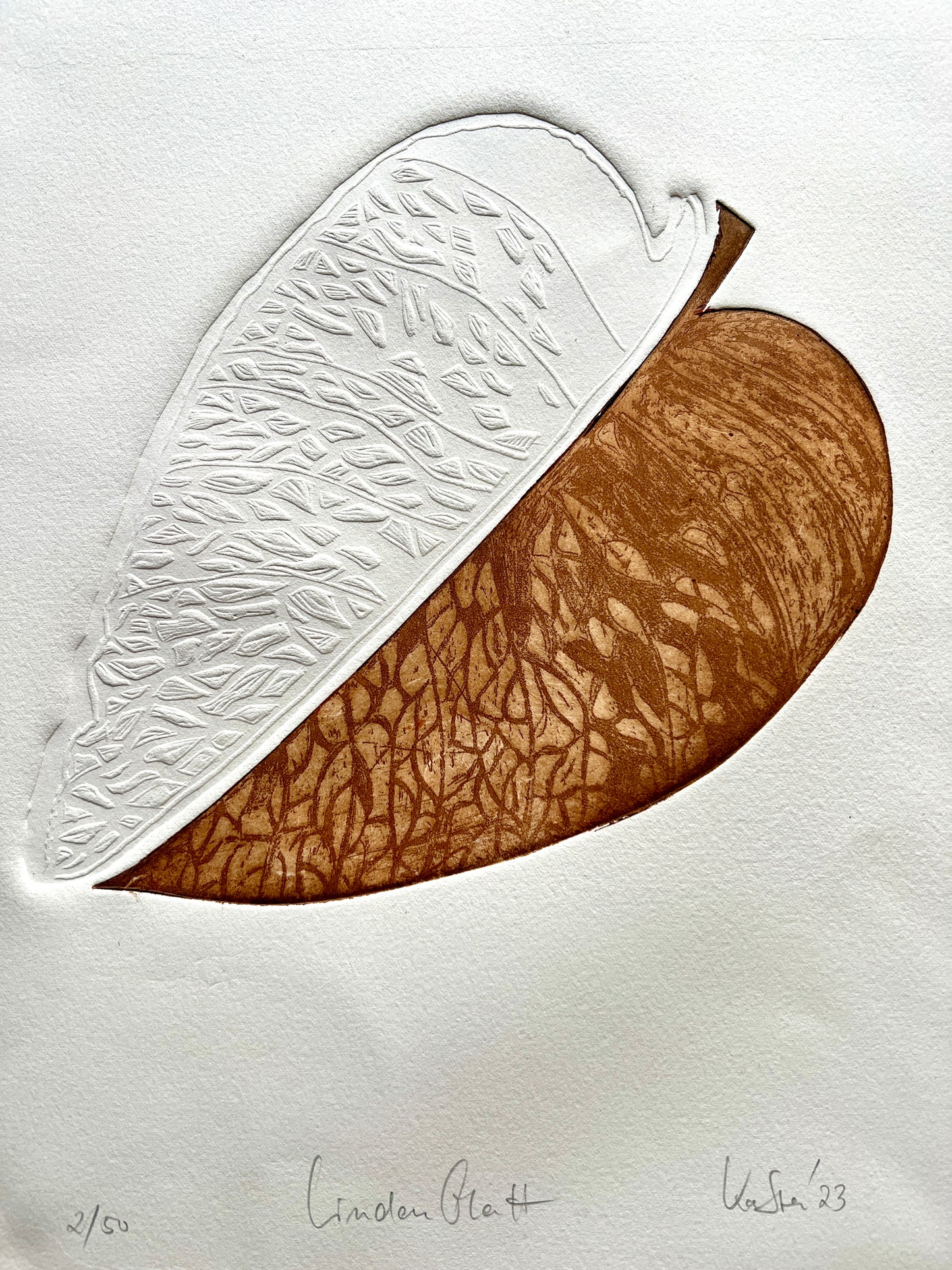 LINDENBLATT Originaldruckgrafik Radierung mit Prägung im Rahmen 30x40 cm