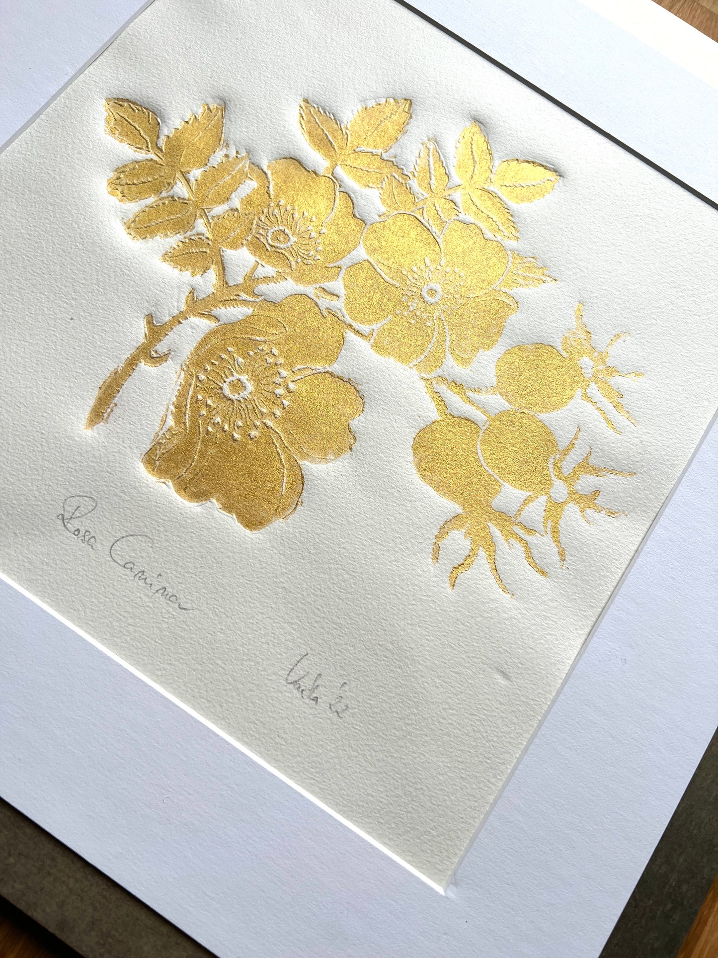 x HAGEBUTTE original print graphic gold relief print in a matt gold frame with passe-partout 50x50 cm