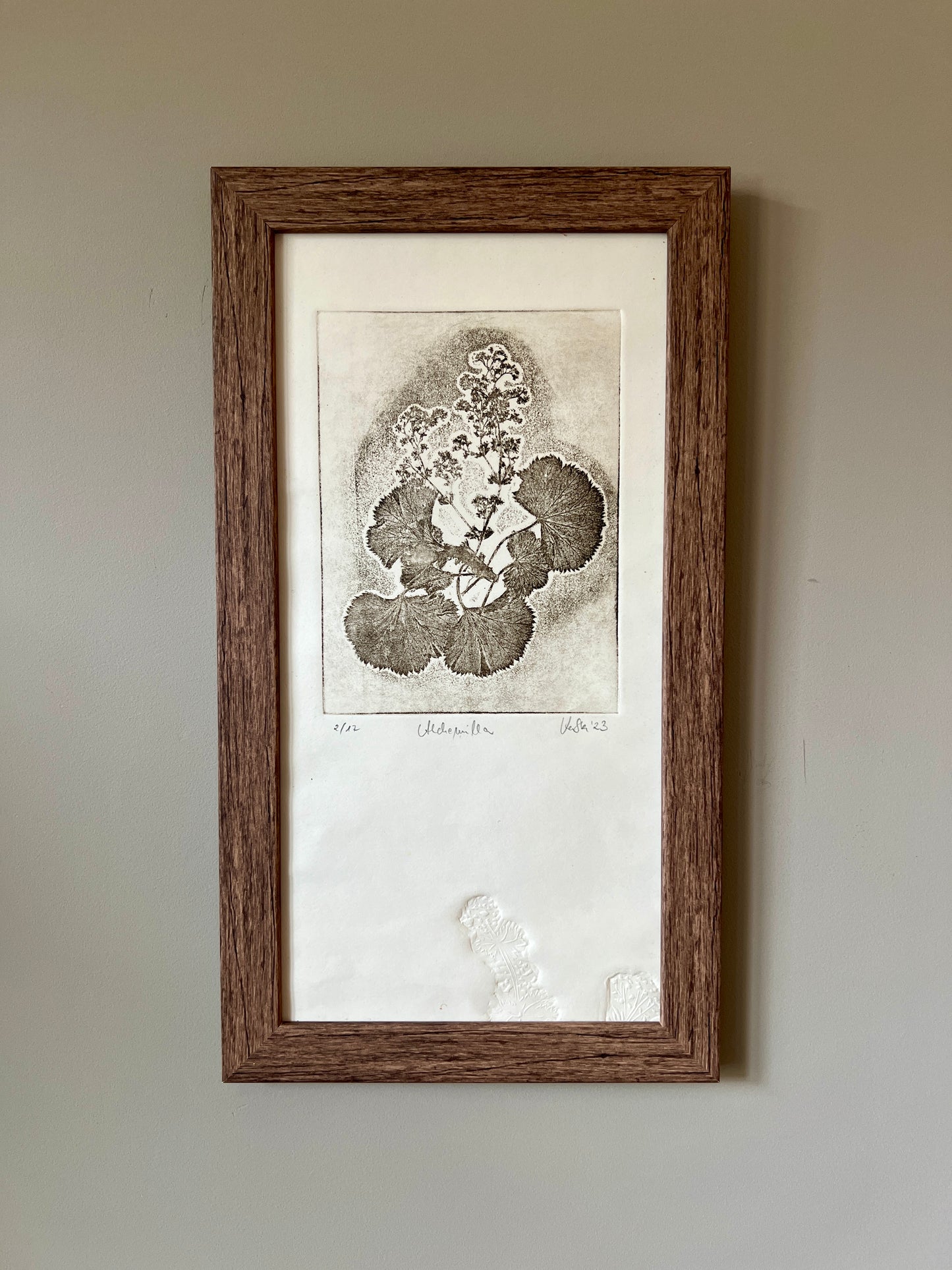 FRAUENMANTEL Originaldruckgrafik Radierung Vernis mou mit Prägung im Rahmen 20x40 cm