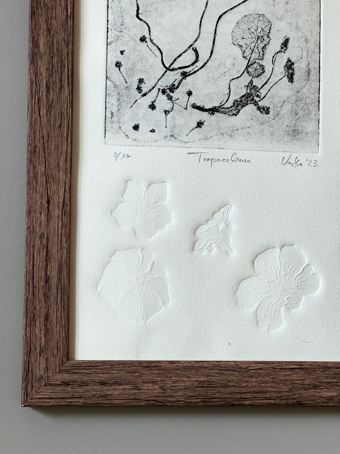 KAPUZINERKRESSE Origialdruckgrafik Radierung Vernis mou mit Prägung im Rahmen 20x40 cm