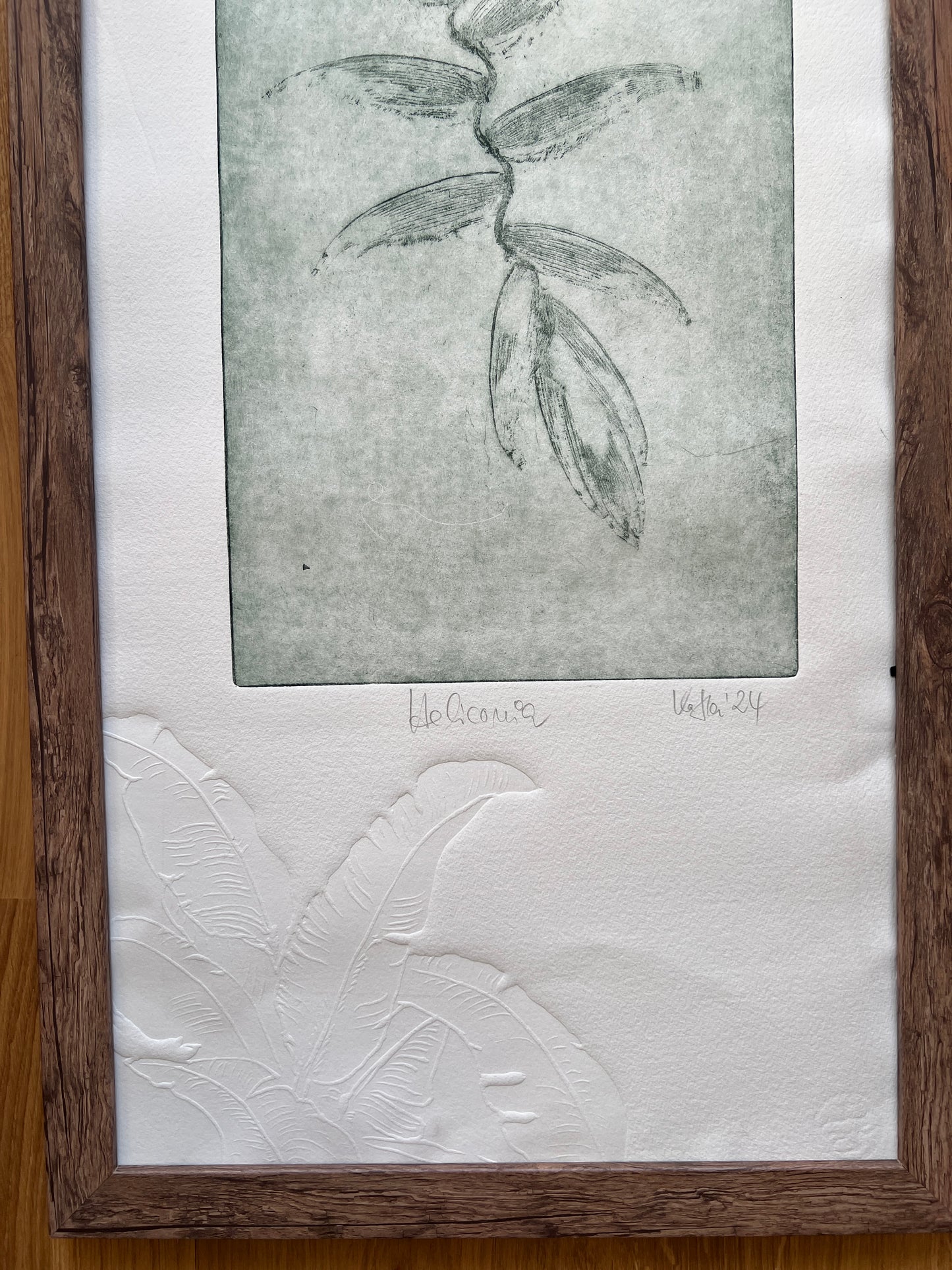 HELICONIA Originaldruckgrafik Radierung Vernis mou im Rahmen 35x100 cm mit zwei Blindprägungen