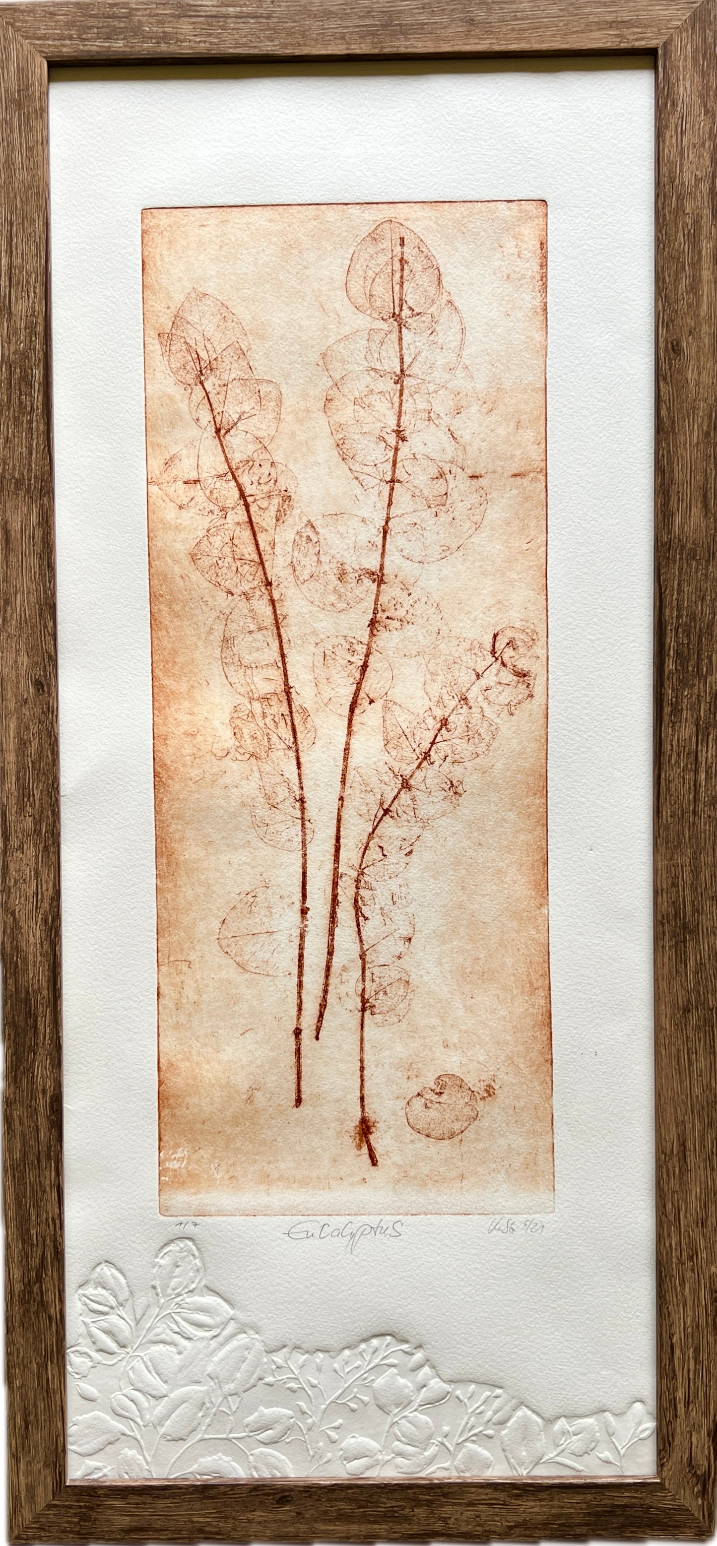 EUKALYPTUS Originaldruckgrafik Radierung Vernis mou mit Prägung, im Rahmen 35x75 cm