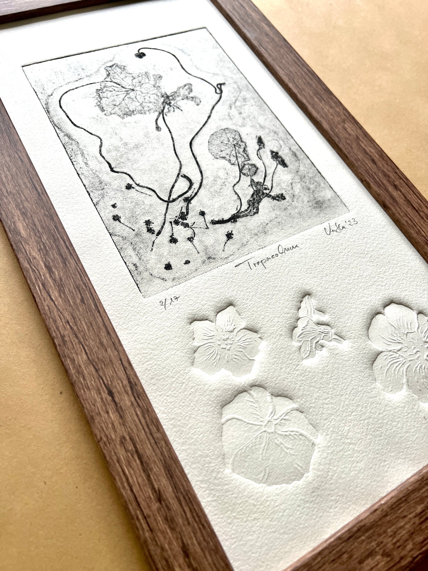 KAPUZINERKRESSE Origialdruckgrafik Radierung Vernis mou mit Prägung im Rahmen 20x40 cm