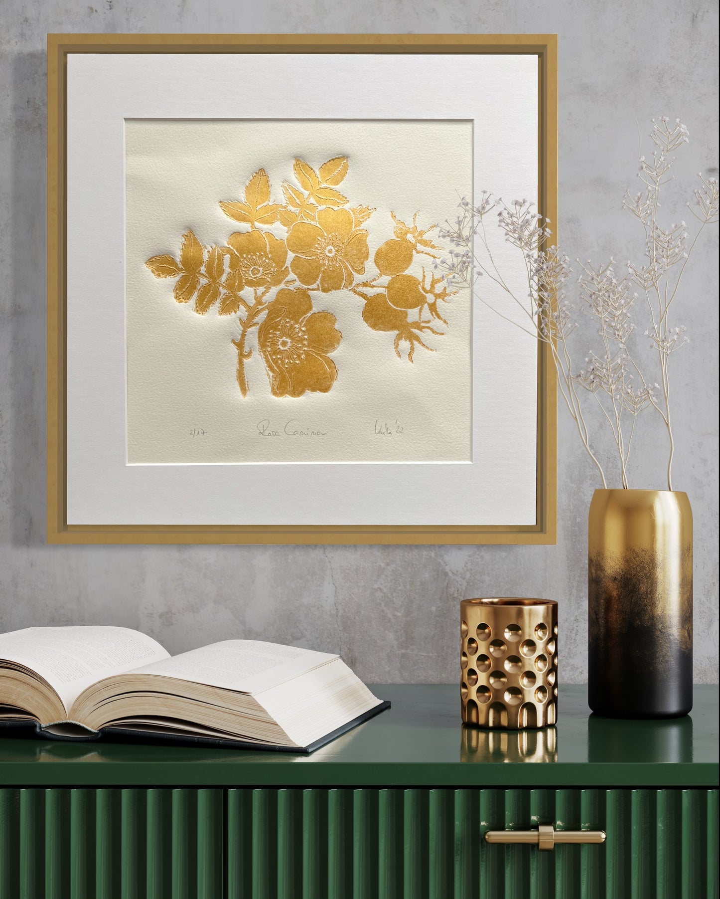 x HAGEBUTTE original print graphic gold relief print in a matt gold frame with passe-partout 50x50 cm