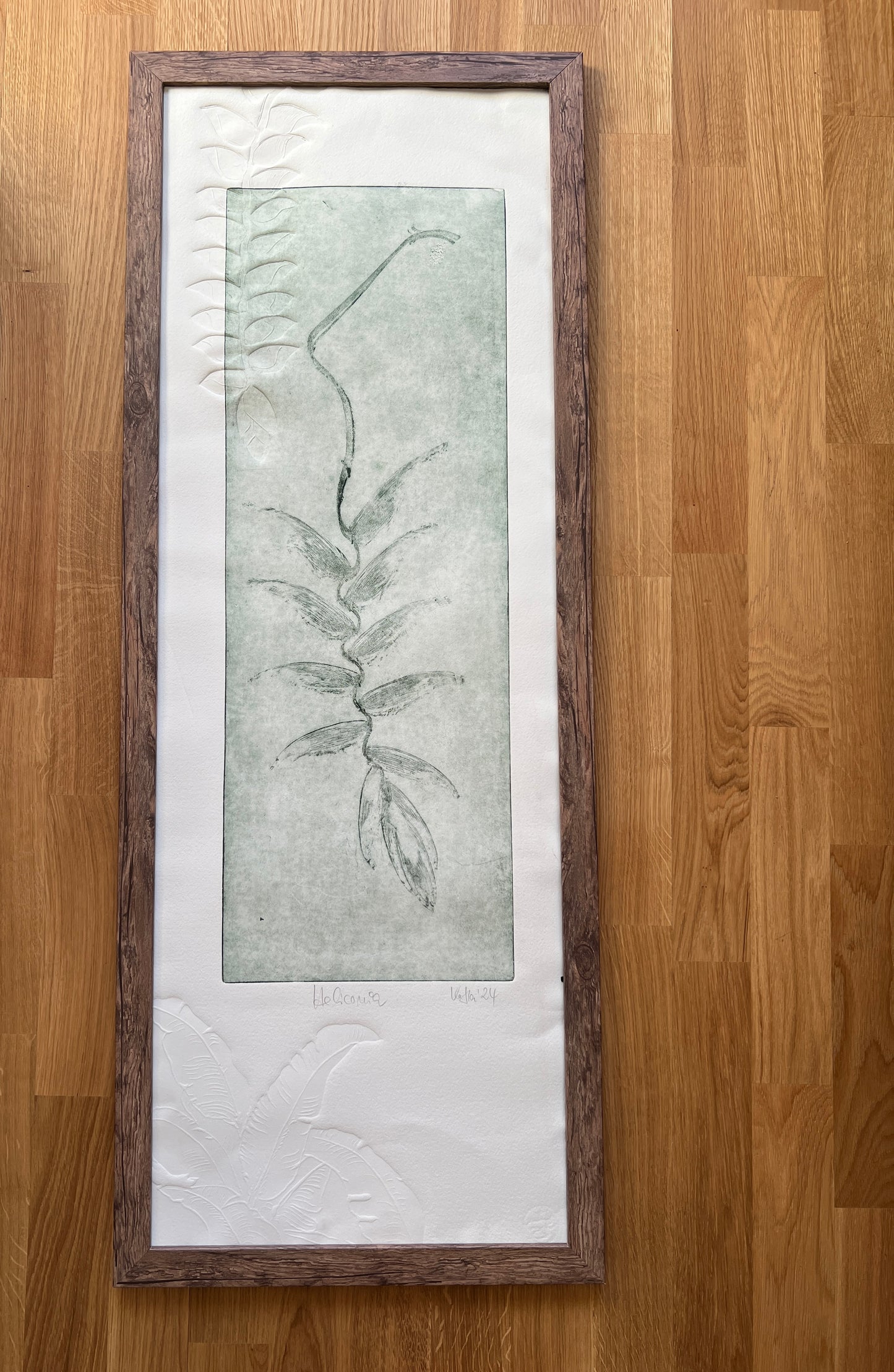 HELICONIA Originaldruckgrafik Radierung Vernis mou im Rahmen 35x100 cm mit zwei Blindprägungen