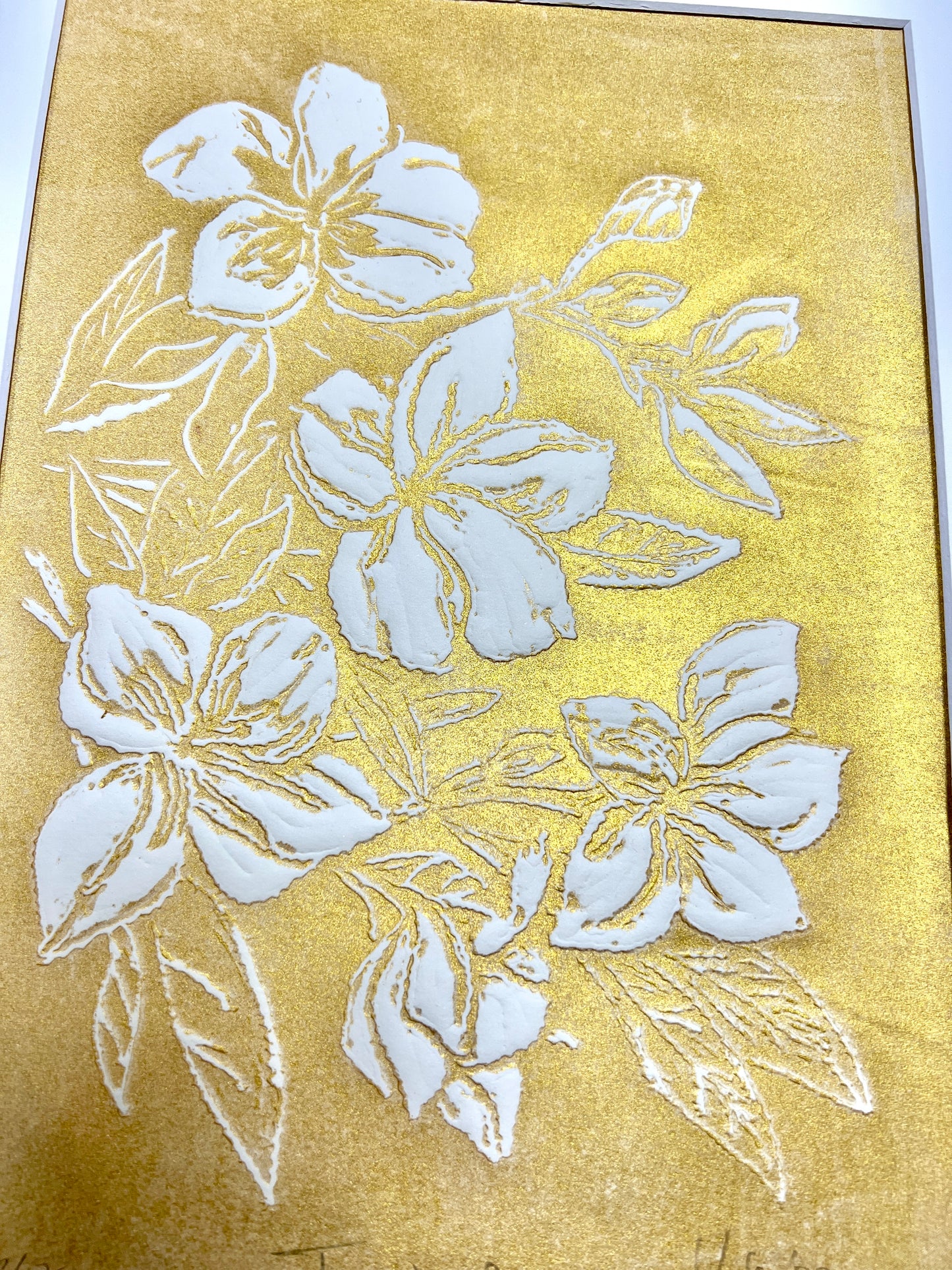 x FRANGIPANI Originaldruckgrafik Gold-Reliefdruck im Passepartout 30x40 cm