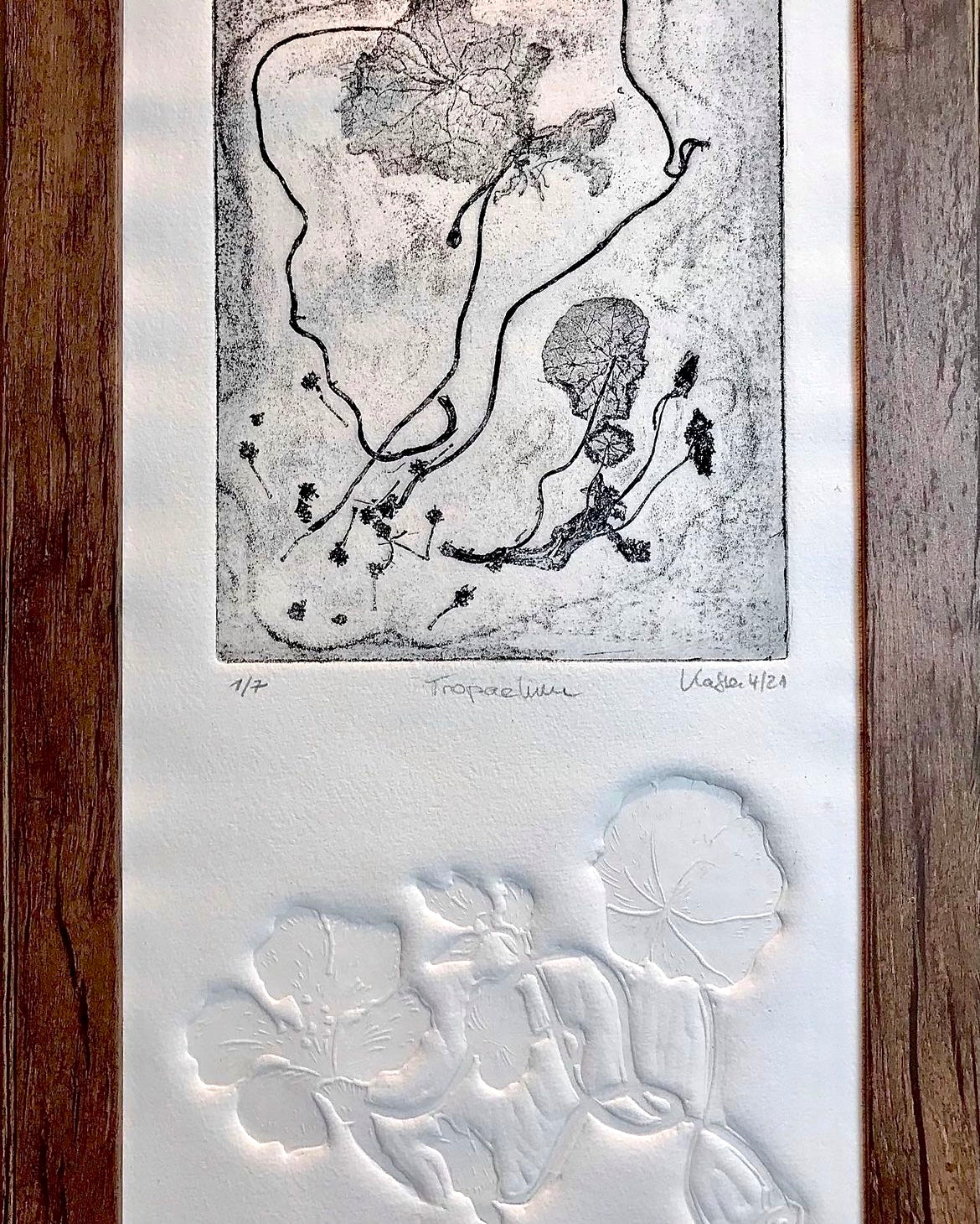 KAPUZINERKRESSE Origialdruckgrafik Radierung Vernis mou mit Prägung im Rahmen 20x40 cm