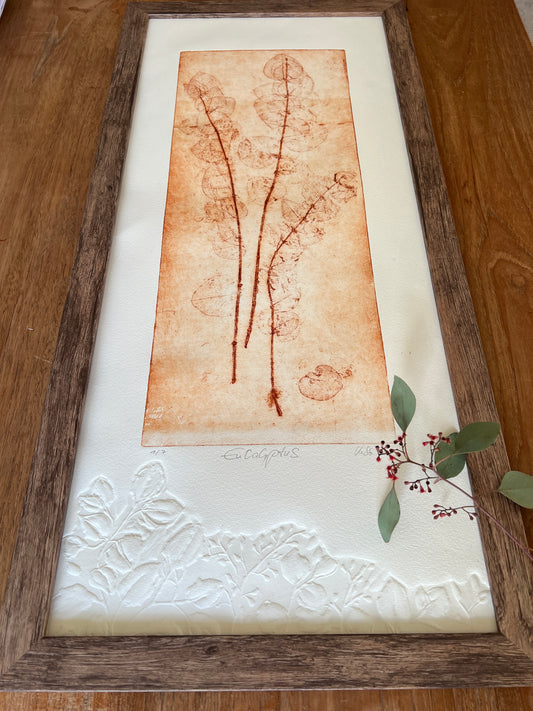 EUCALYPTUS Original print etching Vernis mou 🍃 with embossing, in a frame 35x75 cm