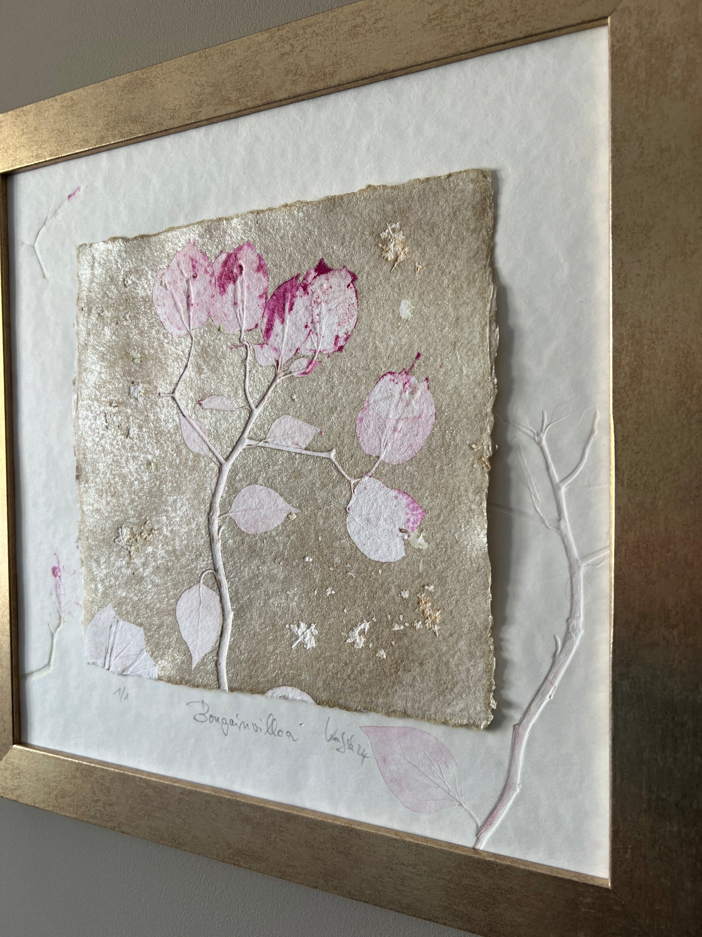 BOUGAINVILLEA original print graphic monotype relief print 30x30 cm in frame matt gold