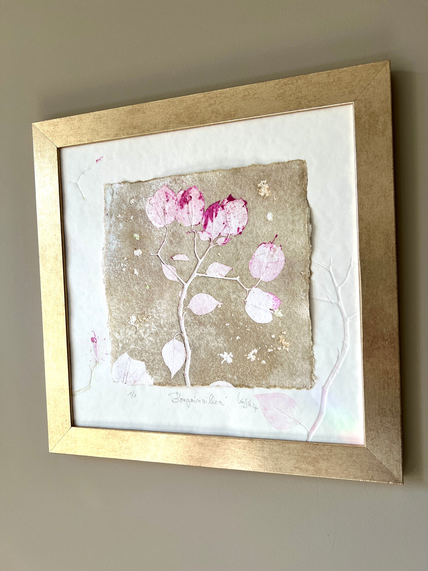 BOUGAINVILLEA original print graphic monotype relief print 30x30 cm in frame matt gold