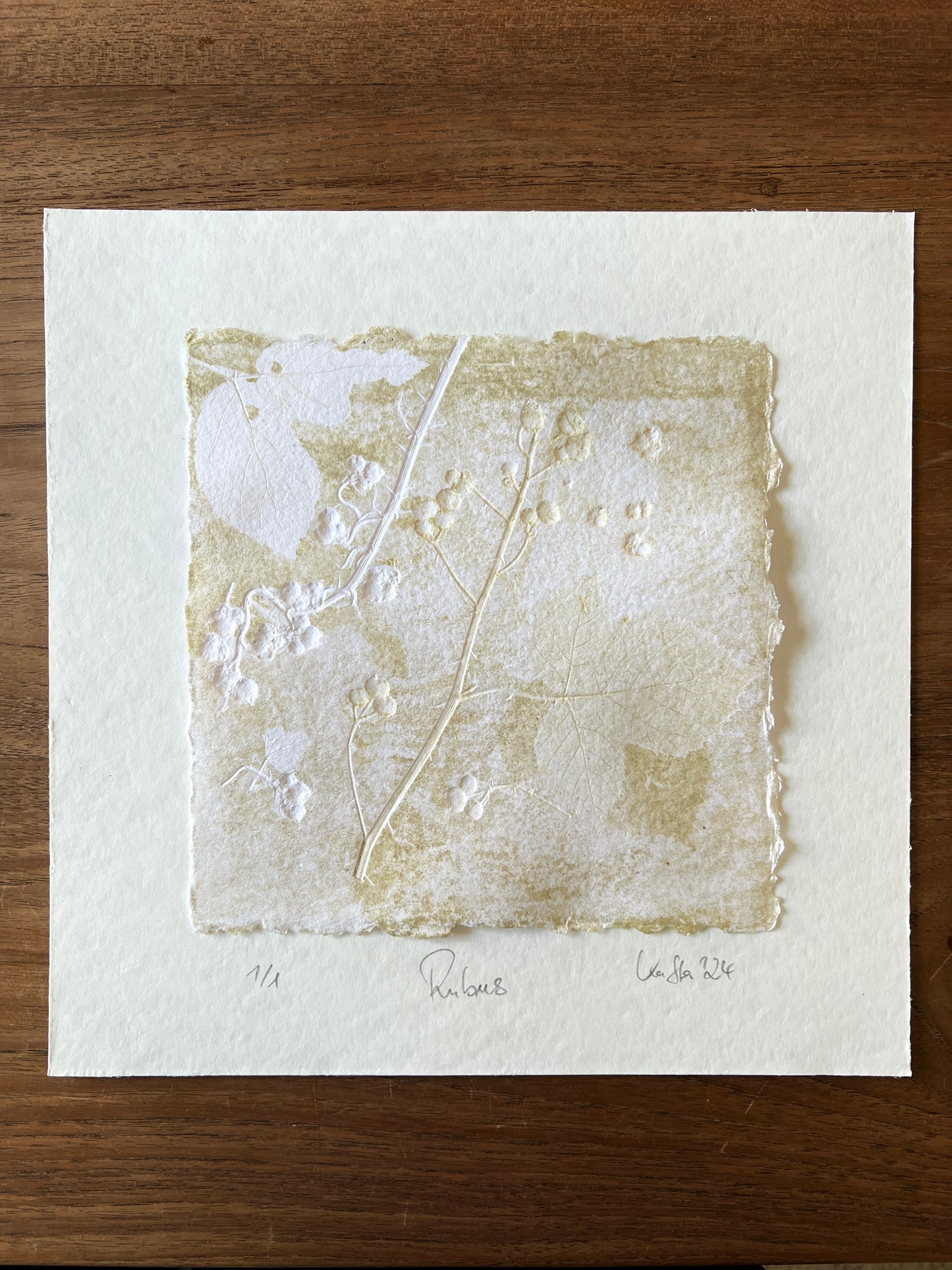 BLACKBERRY original print graphic monotype relief print in frame 30x30 cm matt gold