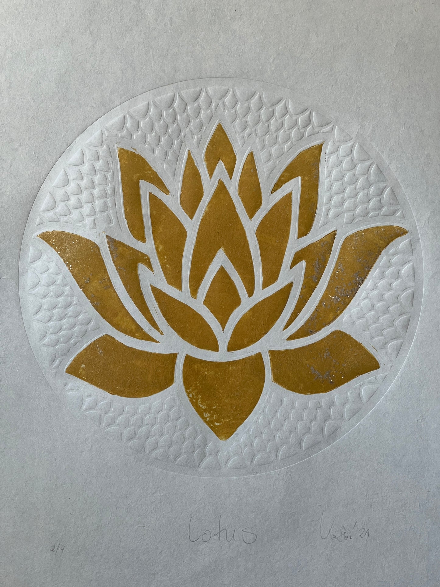 _LOTUS FLOWER  Originaldruckgrafik auf Himalaya Papier 70 x 100 cm, Teakholz Aufhängung